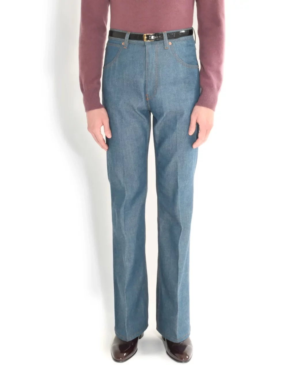 FLARED HIGH-WAISTED JEANS IN DENIM - GREENCAST INDIGO