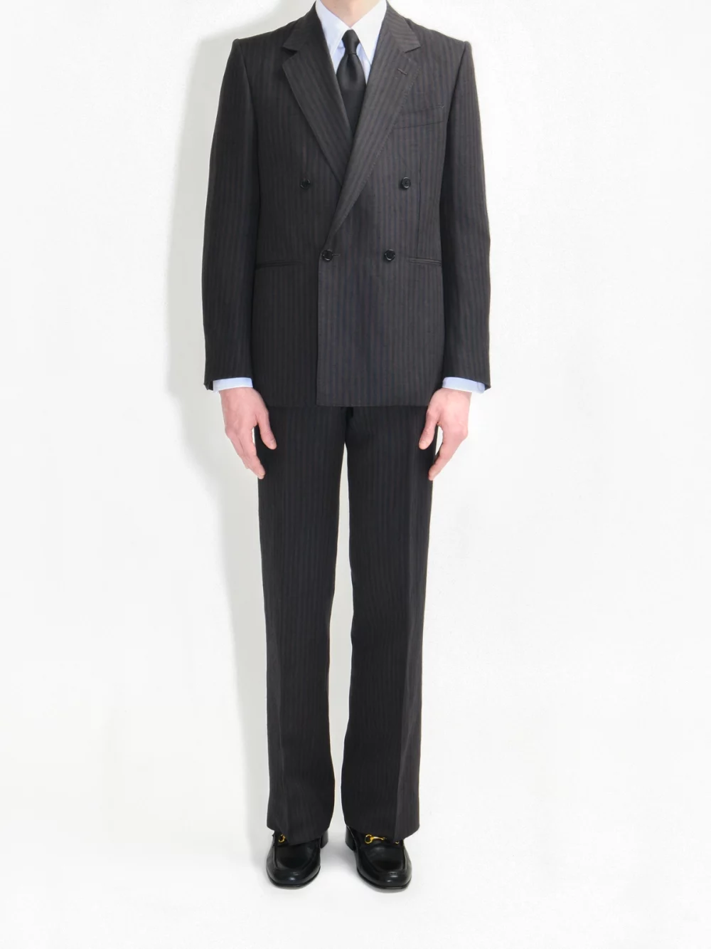 DOUBLE-BREASTED SUIT-IN-LINEN-AND WOOL-BROWN-AND-NAVY-STRIPED