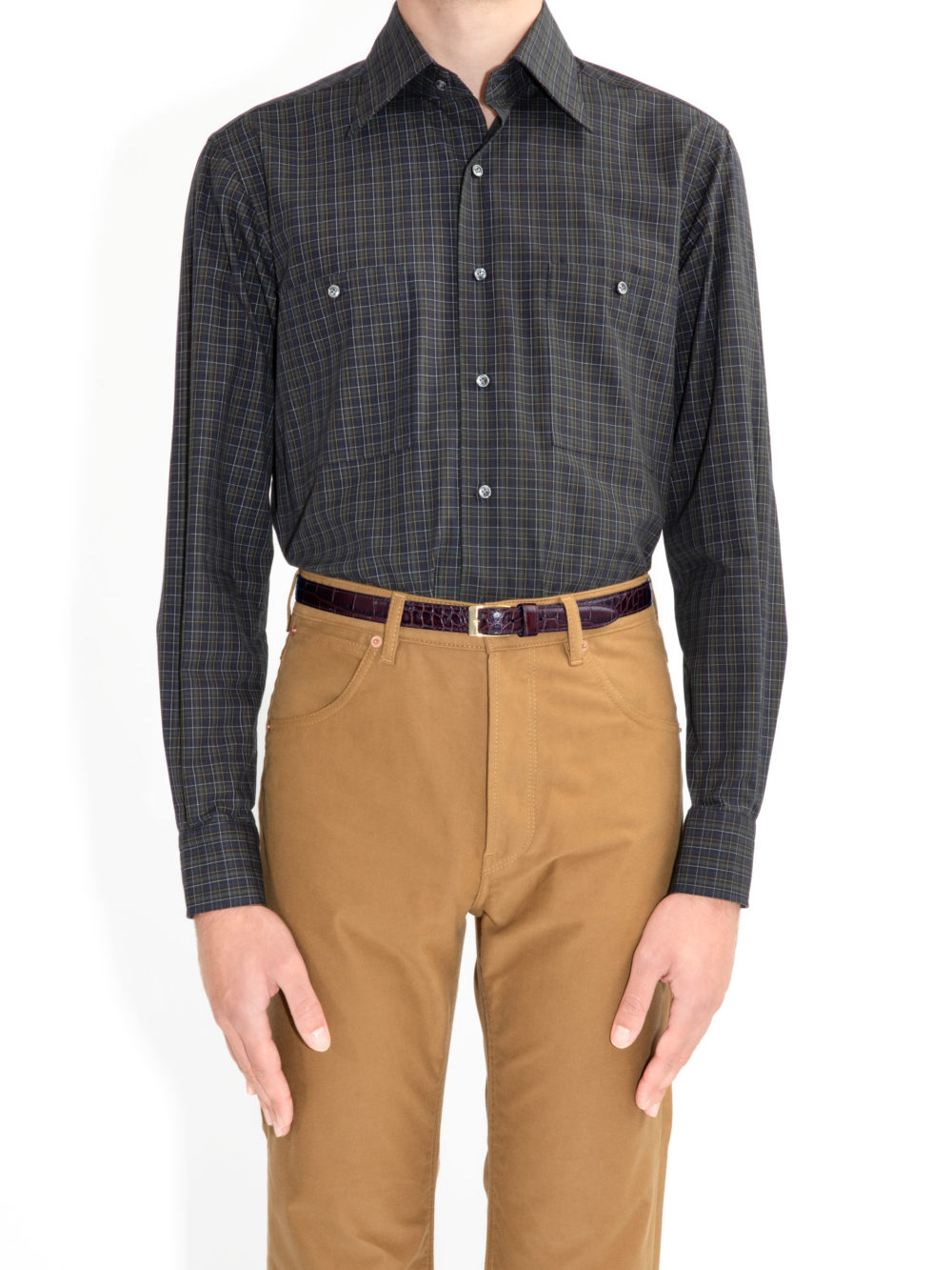 CHEMISE COL LARGE EN POPELINE - CARREAUX NOIRS ET VERTS1