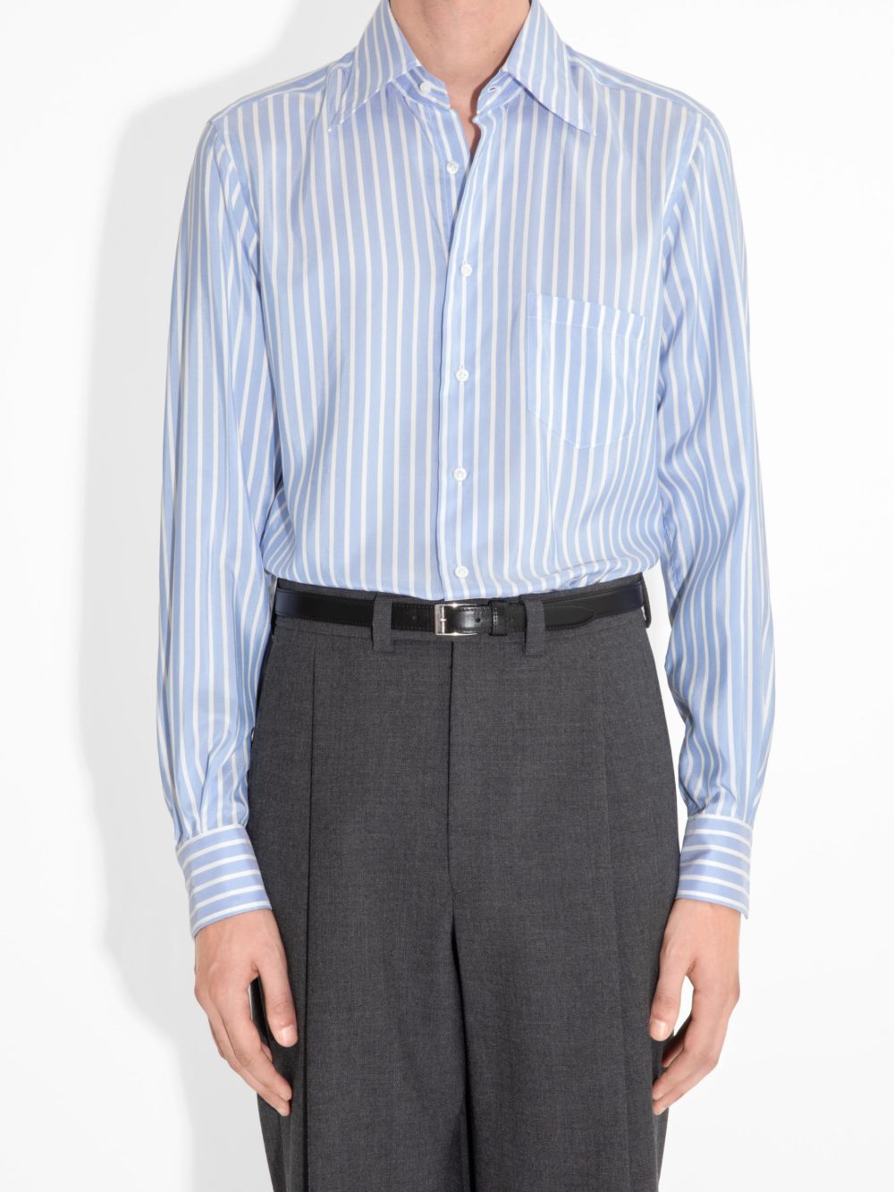 CHEMISE COL LARGE EN SOIE - RAYURES BOUCHER BLEUS ET BLANCS_1