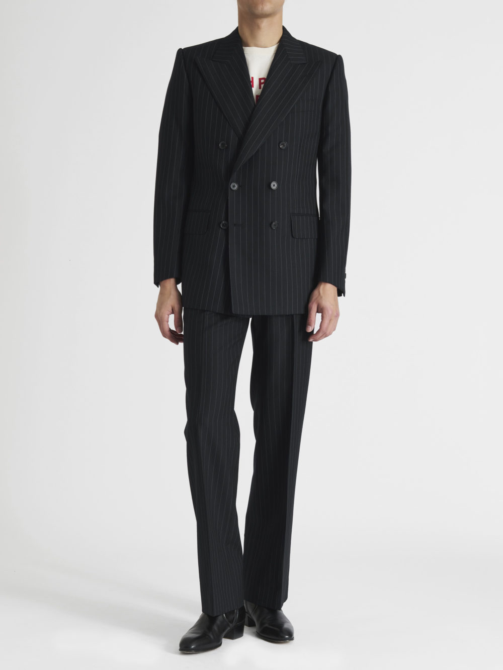 DOUBLE-BREASTED SUIT IN WORSTED WOOL - NAVY WITH GREY PINSTRIPES