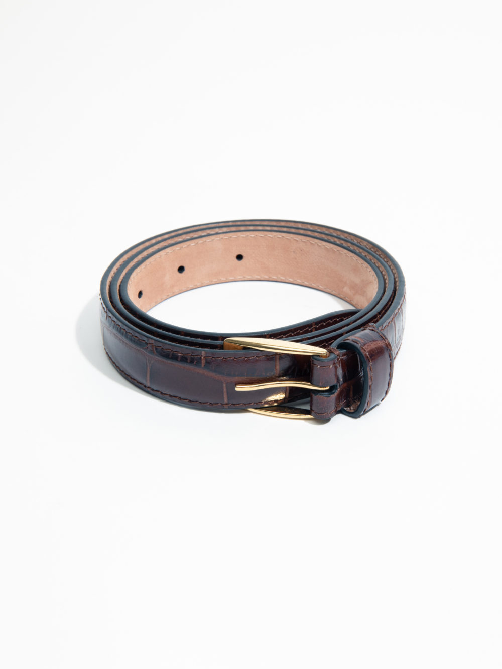 CEINTURE FINE EN CUIR EMBOSSÉ - MARRON ACAJOU1