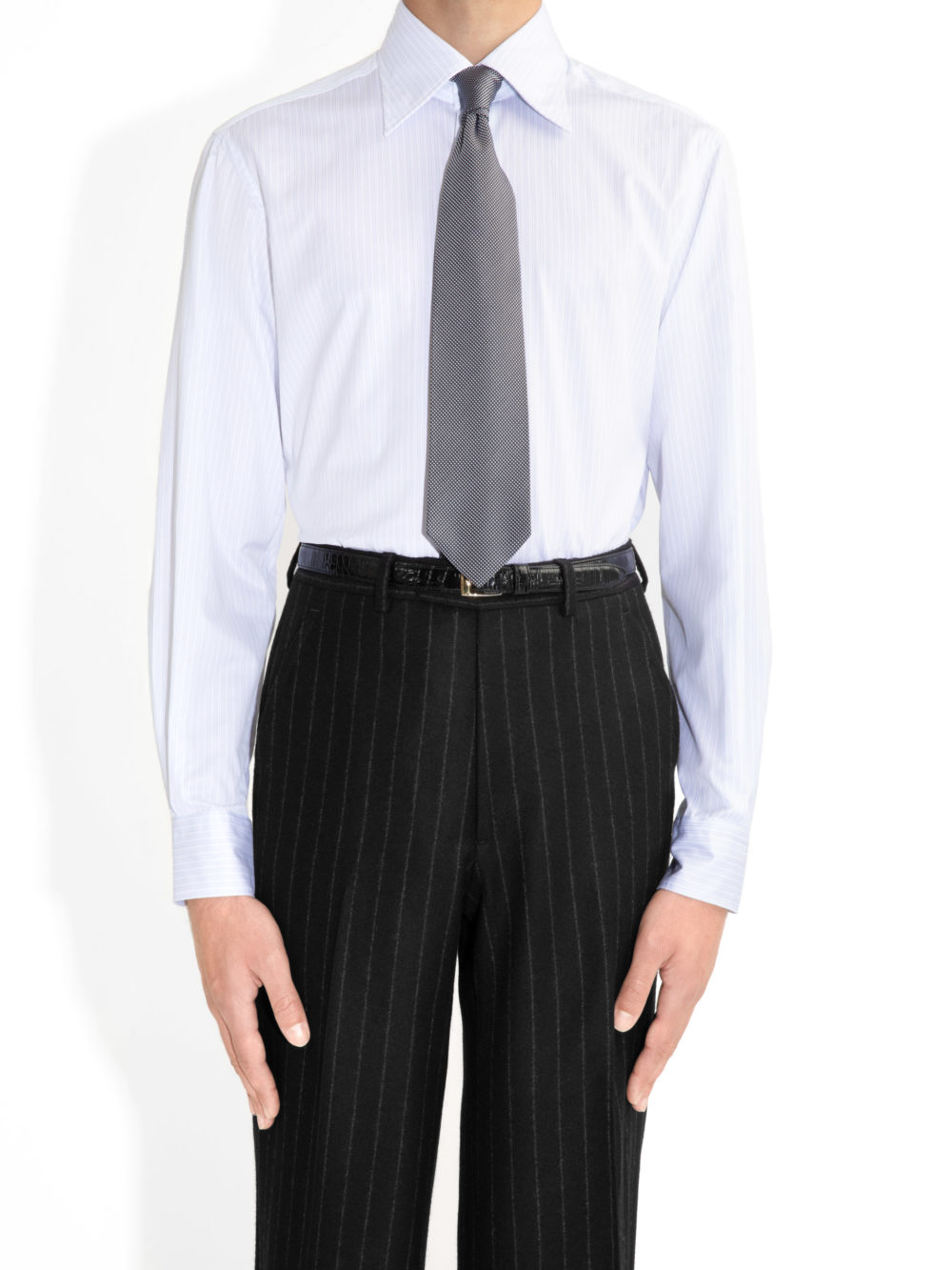 CHEMISE COL LARGE EN SERGÉ - BLANCHE À RAYURES BLEUES1