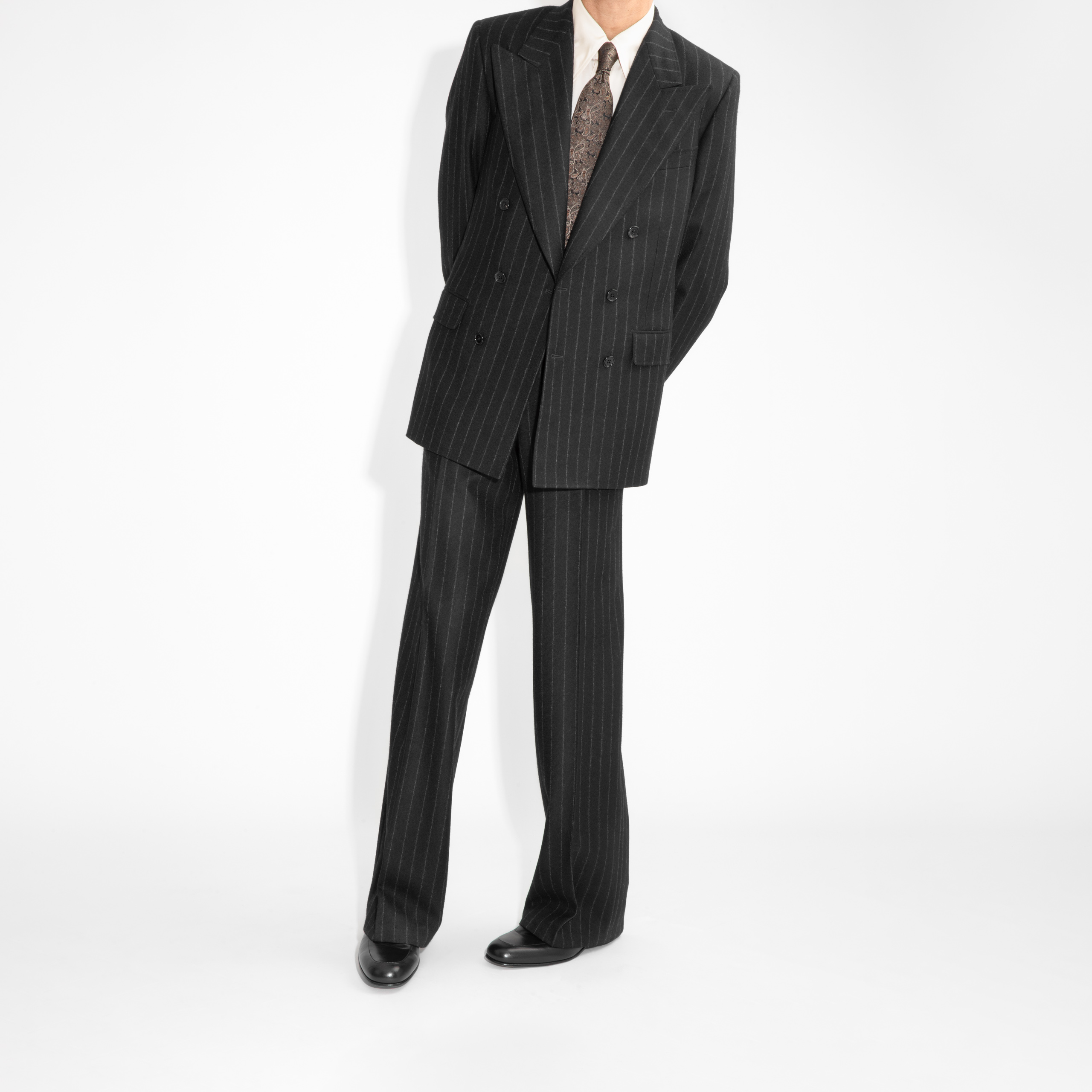 COSTUME CROISÉ EN FLANELLE - NOIR À RAYURES CRAIE1