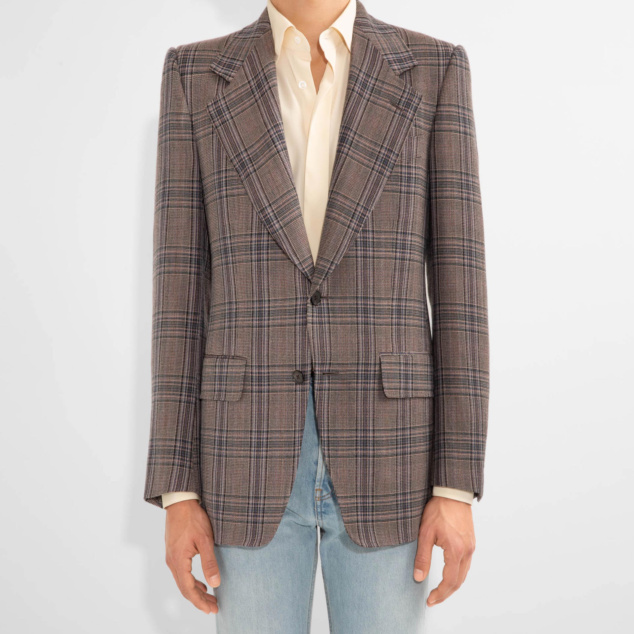 SINGLE-BREASTED JACKET IN WOOL TWILL - BLACK & PEACH PRINCE OF WALES__1