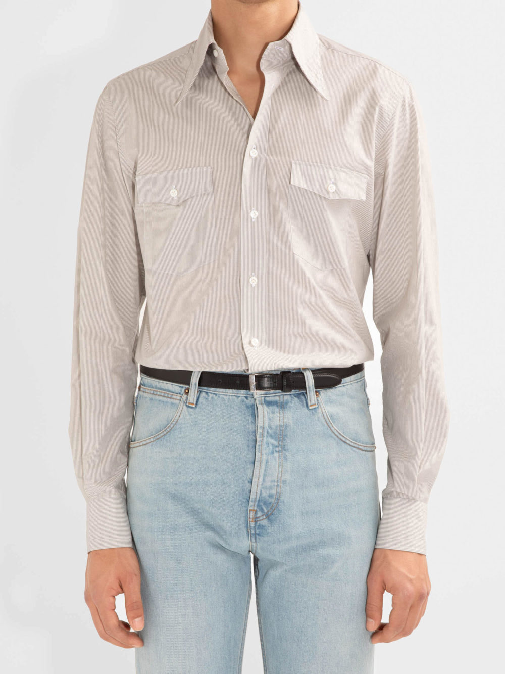 WIDE COLLAR SHIRT IN COTTON POPLIN - GREY & WHITE STRIPES_1