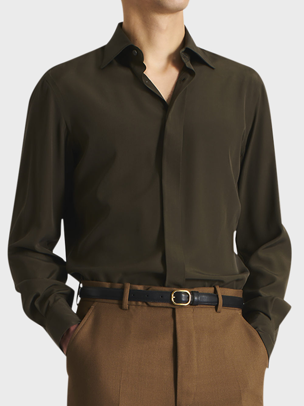 022_CLASSIC COLLAR SHIRT IN SILK CREPE - OLIVE_1_0797