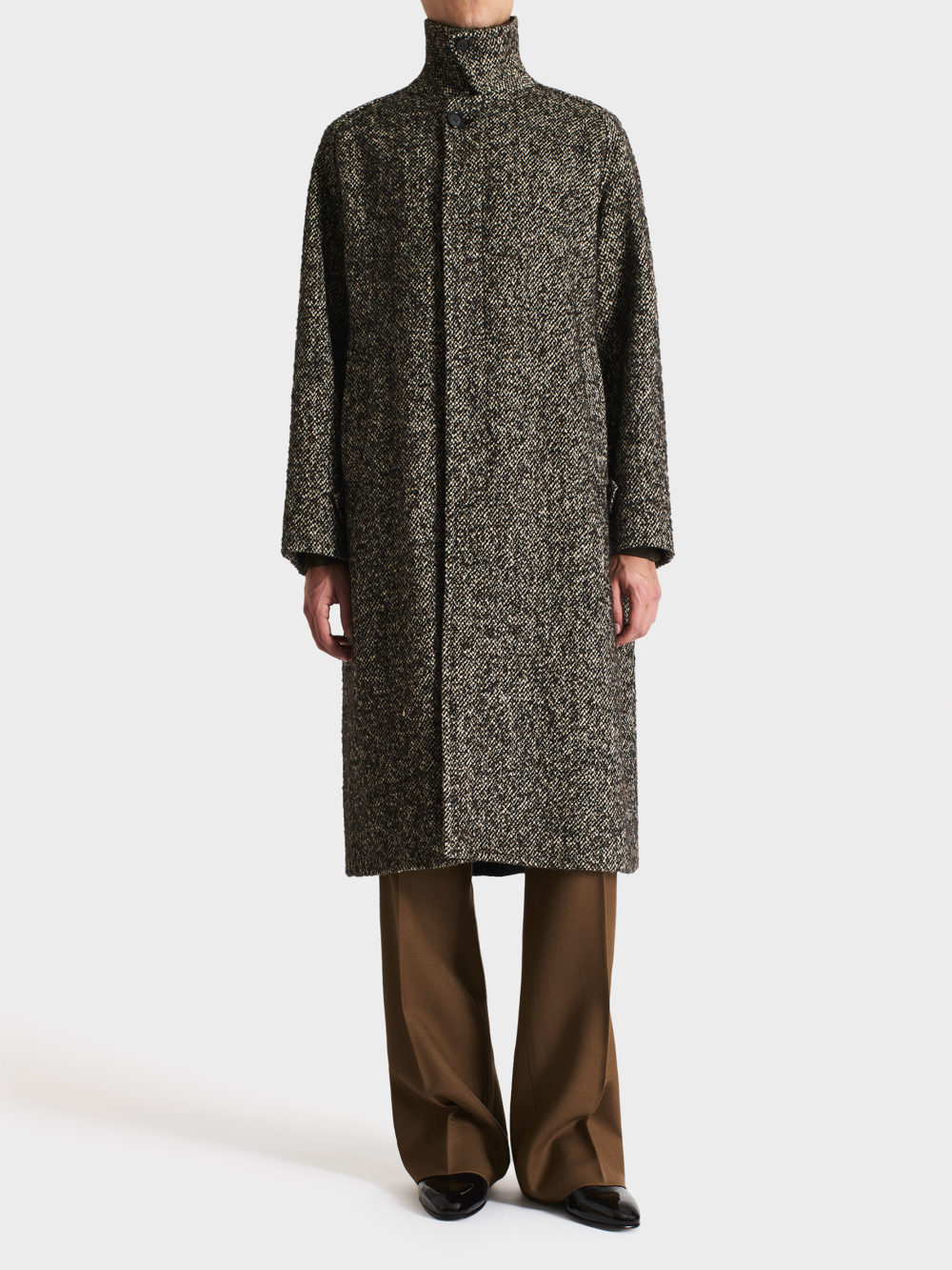 025_CAR COAT IN WOOL & POLYESTER BROKEN WEAVE - BLACK & BEIGE_1_0807