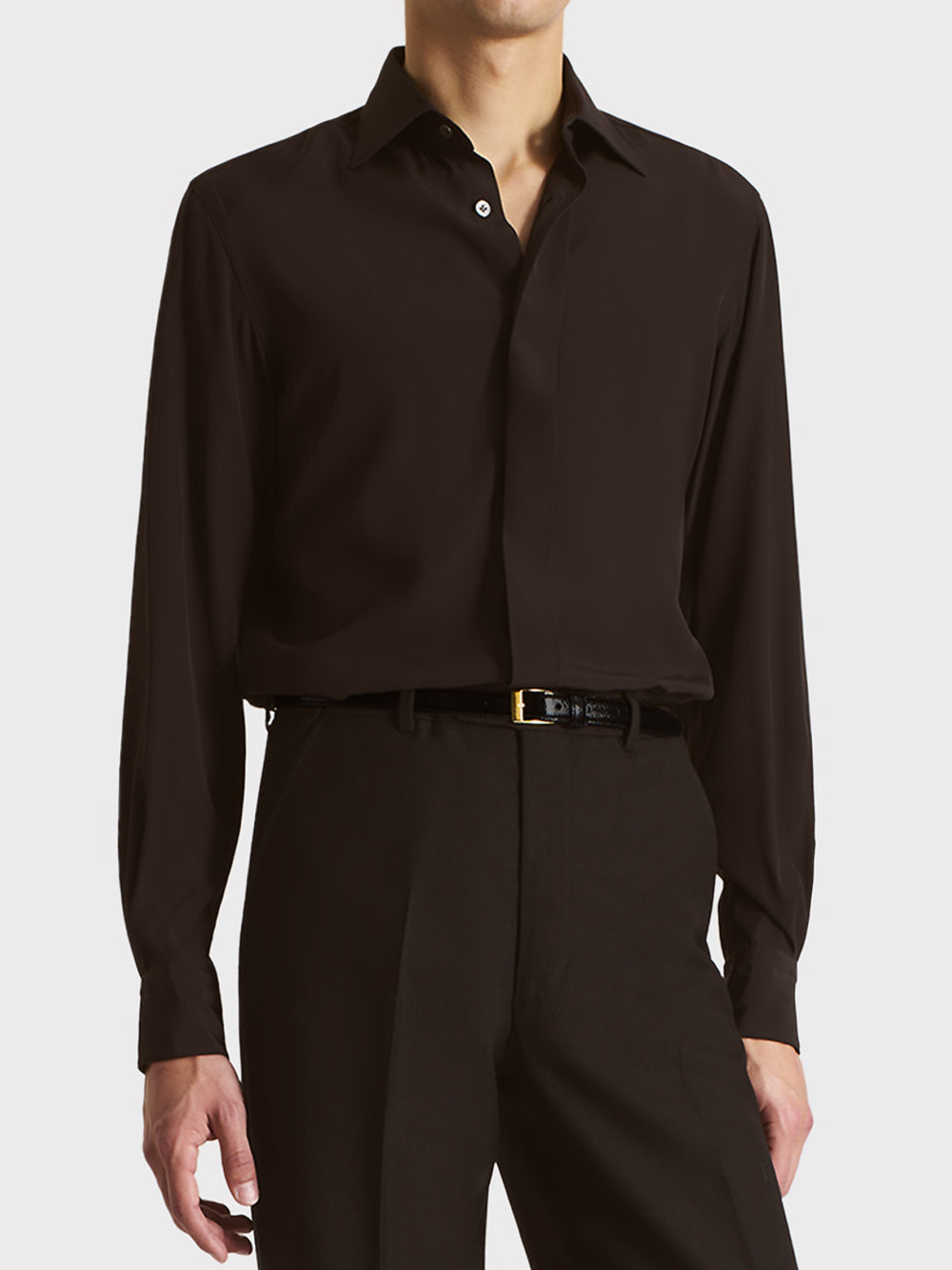 027_CLASSIC COLLAR SHIRT IN SILK CREPE - DARK CHOCOLATE_1_0895